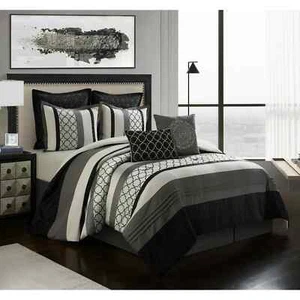 Nanshing Avalon Trellis 6-PC Moroccan Print Comforter Set, Grey/Black, CAL KING - Picture 1 of 14