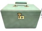 Small Vintage Train Case Makeup Green Vinyl Large Mirror Quilted Lining