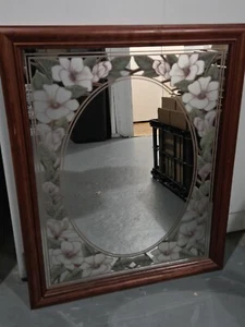 Vintage Floral Magnolia Painted Mirror With Wooden Frame 22½"×18½" - Picture 1 of 10