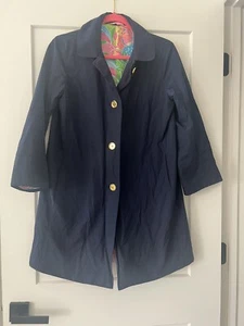 Lilly Pulitzer Long Navy Blue Coat/Raincoat with Colorful Lining - Size S - Picture 1 of 7