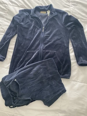 Conjunto de chándal vintage para mujer talla LS azul marino terciopelo sudadera con capucha cremallera completa salón Y2k años 90 Foto 1 de 4