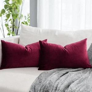 2 Pack Burgundy Velvet Lumbar Throw Pillow Covers 12"X20" Christmas - Picture 1 of 12