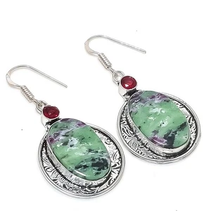 Ruby Zosite, Garnet Gemstone 925 Sterling Silver Jewelry Earring 2.09" - Picture 1 of 5