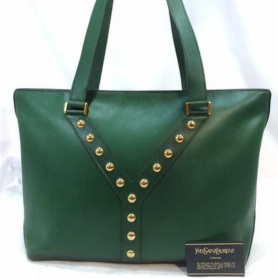 Yves Saint Laurent Studded Tote Bag A4 Size Green Leather Used From Japan - Image 1 of 4