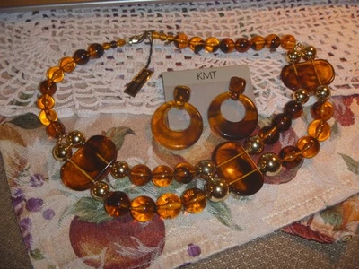 Genuine Lucite Brown Necklace & Earrings, Necklace Made In Hong Kong - Image 1 of 4