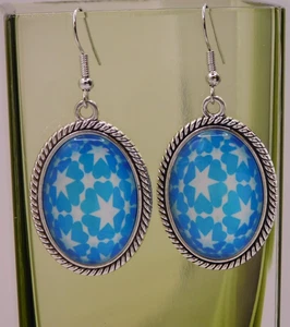 Vintage Style Pierced Earrings, Glass, Blue/ White Stars, 1" - Picture 1 of 2