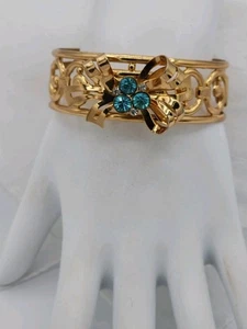 Vintage Coro facettierte blaue & klare Strass Schleife goldfarben Armreif Armband - Bild 1 von 13