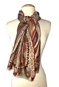 ETRO Wool Silk Blend Paisley Fringe Scarf Red Brown Vintage Italy 52x16 Inches - Picture 1 of 12