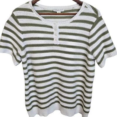 Blusa suéter Coldwater Creek feminina listrada malha Henley verde oliva branca PL - Imagem 1 de 4