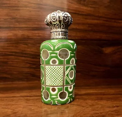 Antique Bohemian Perfume Scent Bottle Cased Green Silver Lid Orig Glass Stopper • 175£
