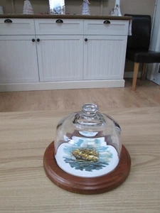 Vintage Cheese Dish Teak With Heavy Glass Dome Lid And sailing ship Tile - Picture 1 of 7