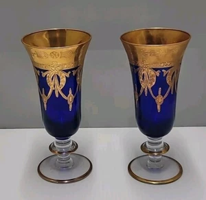 2 Arte Itálica Medici Cobalt Blue & Gold Gilded Crystal Champagne SC Line  24K - Picture 1 of 5