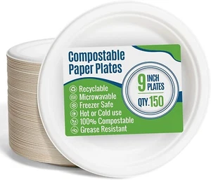 9 inch-[150 Count]-Heavy Duty Compostable & Biodegradable Paper Plates - Picture 1 of 5