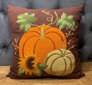 C&F Fall Throw Pillow Embroidered Pumpkin Sunflower 18"x18" Cottage Core Whimsy - Picture 1 of 7