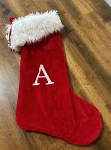 Red Velvet Christmas Stocking Monogram Initial Letter A Faux Fur Cuff 19 In - Picture 1 of 6