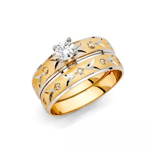 14k 2 Tone Gold CZ Solitaire Wedding Bridal Set Engagement Ring Band Mens Womens - Picture 1 of 1