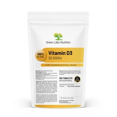 GREEN LABS NUTRITION Comprimés de vitamine D3 20 000 UI Système immunitaire fort Santé des os