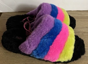 Ugg Women's Fluff Yeah Black/Multicolor Rainbow Slides Size 8 - Picture 1 of 7