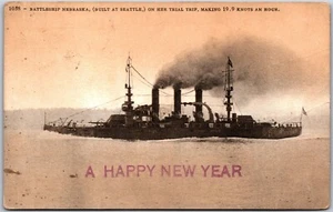 Postcard Seattle Washington c1910s Battleship Nebraska Trial Trip Happy New Year - Foto 1 di 2