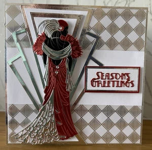 Handmade 6"x6" Art Deco Elegant Lady Themed Christmas Card - Red & Silver - Picture 1 of 4