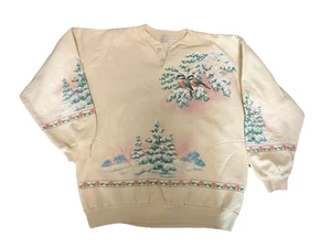 VTG Lifestyles Henley Collar Sweatshirt S/M Winter Birds Cottagecore Grandma - Picture 1 of 6