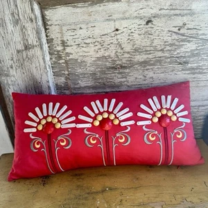 Echo Red Floral Embroidered Beaded Lumbar Pillow W Zipper 16 X 8 Kitschy Country - Picture 1 of 10