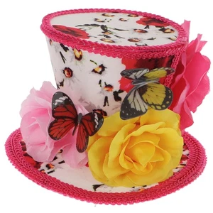 Mini-Zylinder Rosen Karneval Eleganter Minihut mit Blumen und Schmetterling pink - Bild 1 von 6