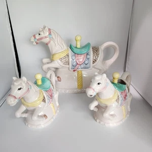 Vintage Carousel Horse Tea Pot Sugar & Creamer In Styrofoam No Box NEW - Picture 1 of 8