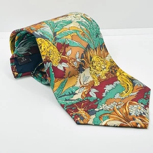 Vintage 90s Pure Silk Red Maroon Yellow Lion Tiger Print Necktie - Picture 1 of 6