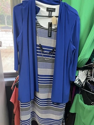 Nuevo con etiquetas Vestido R&M Richards Azul y Rayas Hasta la Rodilla con Chaqueta a Juego Talla 12 Foto 1 de 4