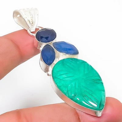 Pendente In Argento Sterling 925 Con Gemma Di Giada Blu Simulata 2.56" - Immagine 1 di 4