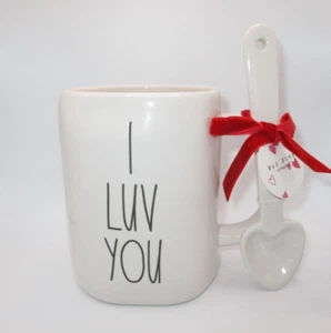 NEW Rae Dunn I Luv You Valentine's Day Mug Ceramic With Heart Shaped Spoon 20 oz - Picture 1 of 4