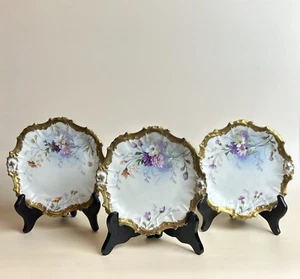Muville Limoges France Porcelaine LRL Set of 3 Plates Antique 1920's, Gold Flora - Picture 1 of 9