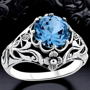 SCOTTISH THISTLE ART NOUVEAU STYLE 925 SILVER SIMULATED AQUAMARINE RING #365 - Picture 1 of 4