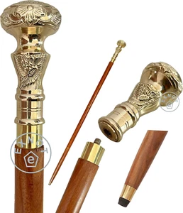 Vintage Brass Handle Victorian Telescope Fold Able Wooden Walking Stick Walking - Picture 1 of 12