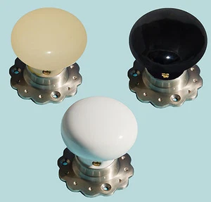 Porcelain Mortice Door Knobs & Mounted Fluted Satin Nickel Backplates 60mm(Pair) - Picture 1 of 4