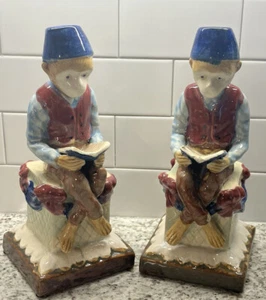 1930’s Vintage Majolica Reading Fez Darwin Monkeys Bookends - Bild 1 von 19