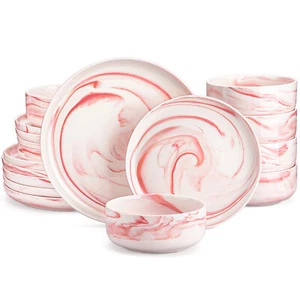 Juego de vajilla y plato redondo de porcelana de 18 piezas mármol rosa - Imagen 1 de 20