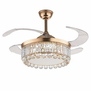 42" Retractable Crystal Chandelier Gold LED Invisible Ceiling Fan Light w/Remote - Picture 1 of 20