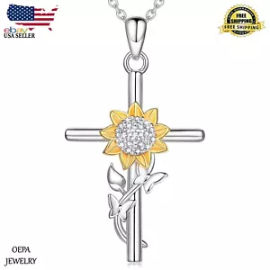 925 Sterling Silver Cross Necklace Sunflower for Women Sunflower Cross Necklace - Picture 1 of 6
