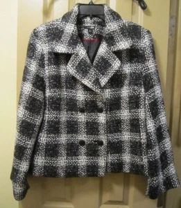 SZ L EAST 5TH BLACK WHITE GRAY WOMENS DOUBLE BREASTED PEACOAT JACKET, LARGE, EUC - Picture 1 of 7