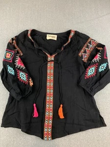 Savanna Jane 100 % Baumwolle Bauerntop Damen klein schwarz bestickt Quasten Boho - Bild 1 von 13