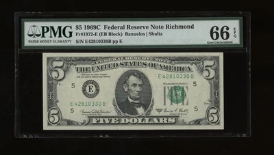 DBR 1969-C $5 FRN Richmond Gem Fr. 1972-E PMG 66 EPQ Serial E42810330B - Image 1 of 2