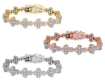 Illusion Set Cross Shaped 3 1/20 CT Real Diamond Link Bracelet Two Tone Gold ... - Image 1 of 4