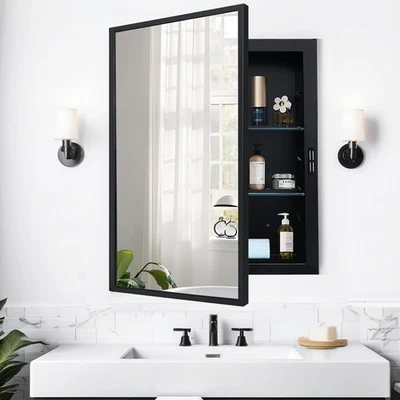 Recessed Medicine Cabinets with Mirror, Black Bathroom Mirror with Storage, R... - Image 1 of 4