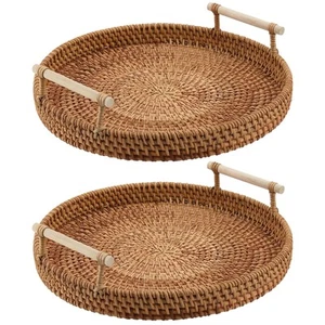 2 PCS Round Rattan Serving Trays, Woven Basket Tray with Handle, Rattan Fruit... - Picture 1 of 9