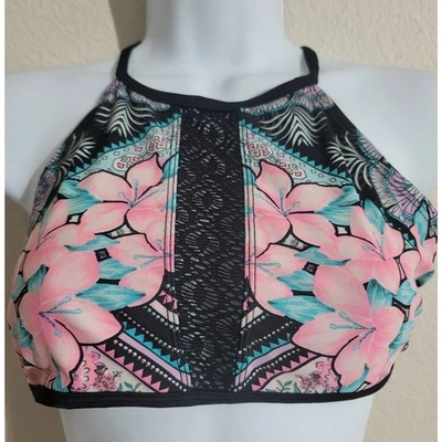 Top de bikini OP negro rosa verde azulado floral crochet centro halter espalda cruzada pequeño Foto 1 de 4