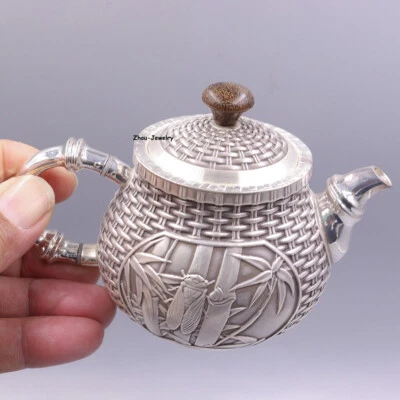 Solid S999 Fine Silver Teapot Carved Bamboo Weave Pattern Water Tea Pot 156-157g - Image 1 of 4