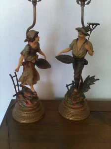 2 VINTAGE FRENCH MOREAU FIGURAL LAMPS COUPLE SPELTER - Picture 1 of 12