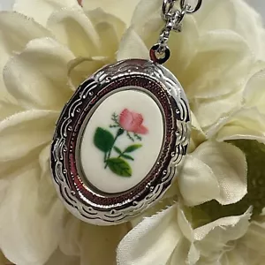 Easter Silver Pink Rose Cameo Charm Locket Necklace prom wedding Mom Mother Brid - Picture 1 of 12